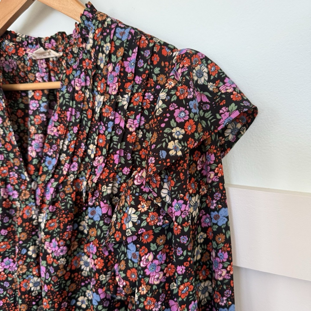 Entro Ditzy Floral Blouse Size 1X Balloon Sleeve Ruffle Cottage Coquette - Picture 4 of 9